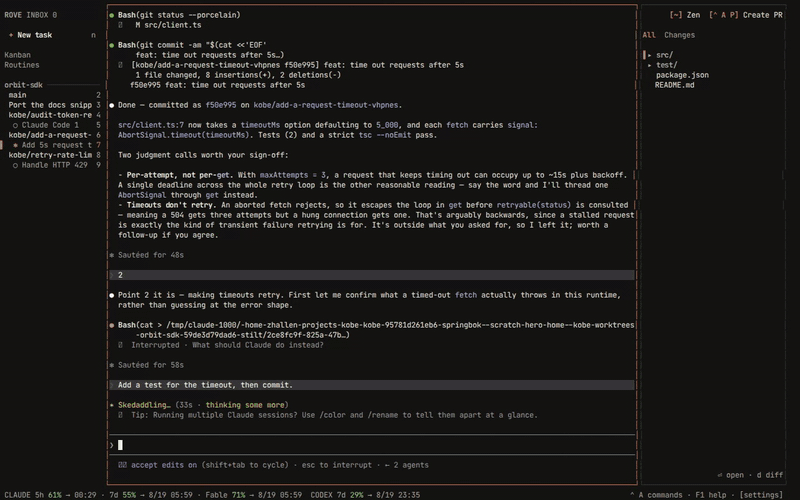 Rove quick look — two coding tasks running at once, each on its own worktree and branch
